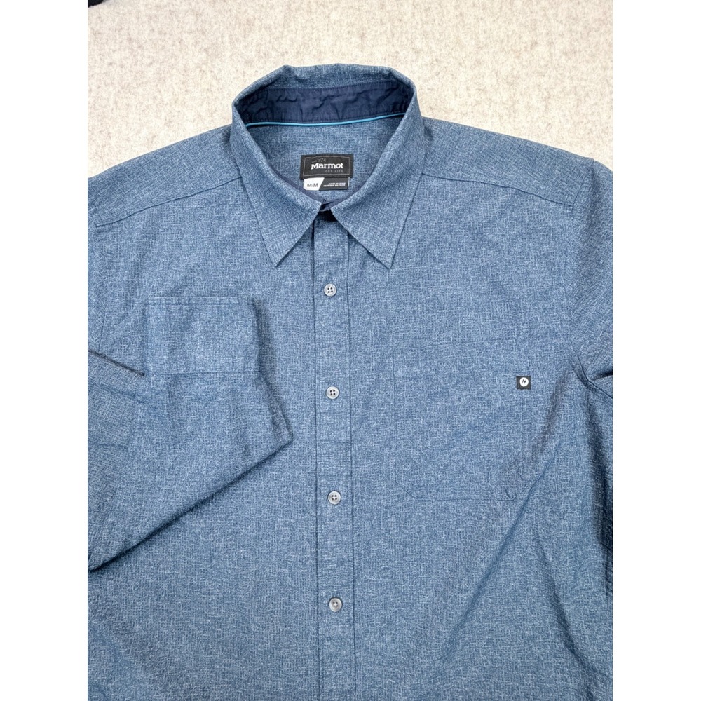 Marmot Aerobora Button Down Shirt Men Medium Blue Roll Tab Hiking Trail Fishing